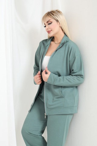 Kadın Büyük Beden Fermuarlı Uzun Kollu Rahat Günlük Eşofman Takım Çağla