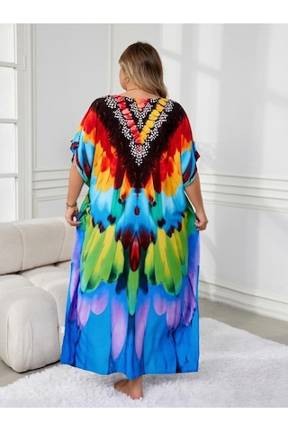 Edolynsa Şık Kadın Kaftan Bohem Renkli Bornoz Rahat Büyük Beden Moo Moo Elbise Taze Elbise Tatil Partisi Uzun Elbise Kıyafet Q1594 Çok Renkli