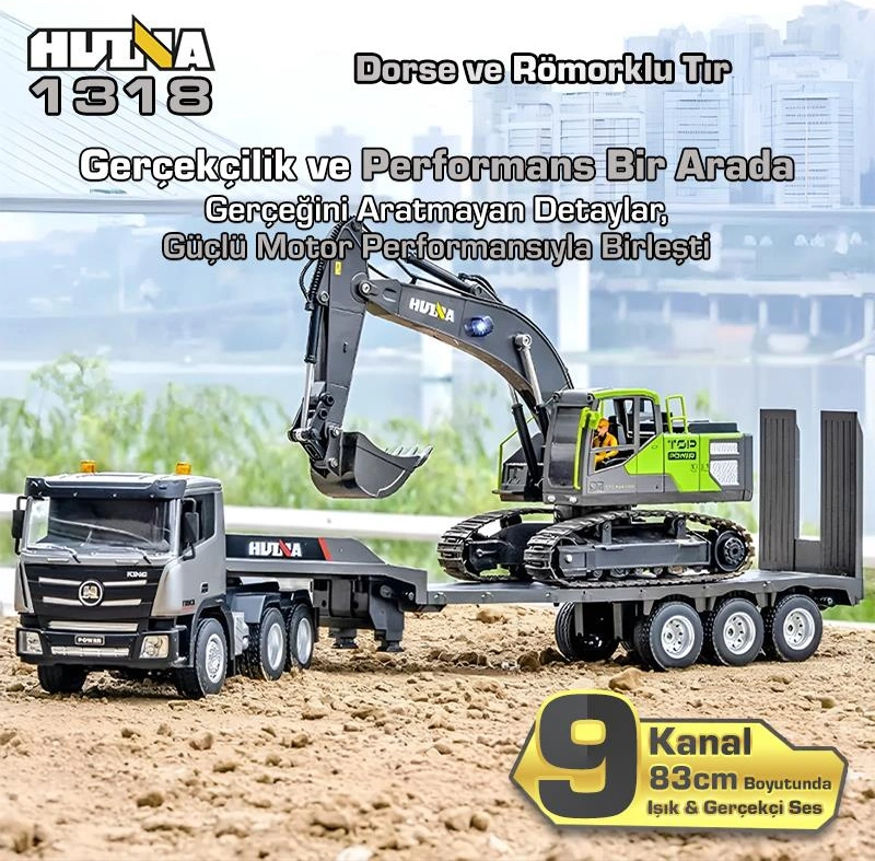 Huına 1318 1/24 Rc Dorse Ve Römorklu Tır Kamyon Uzaktan Kumandalı İş Makinesi Rc Model - 2.4ghz Gerçekçi Similasyon Ses Ve Işık Sistemi