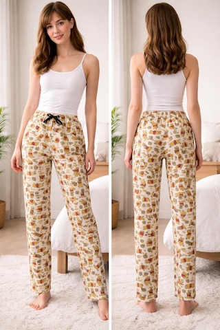 Kadın Desenli Pijama Altı Rahat Kesim Lastikli Ev Giyim Pantolonu Krem