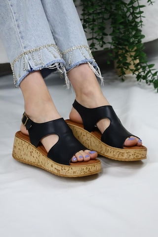 Asmi Shoes Kadın Elena Mantar Taban Ortopedik Sandelet Siyah Siyah