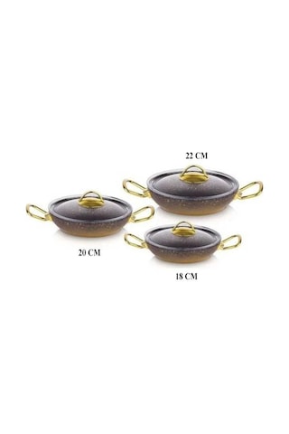 Oms Gold Serisi 6 Parça Granit Sahan Seti Cam Kapaklı 18-20-22 Cm Pfoa İçermez Gold