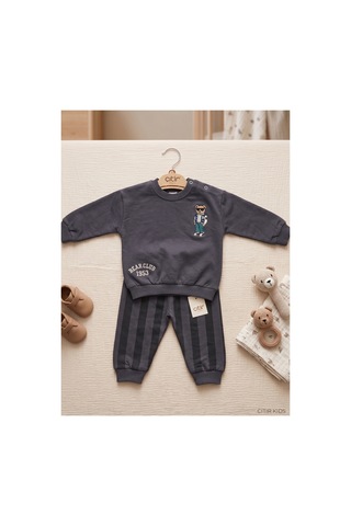 Çıtırkids Erkek Bebek Ayıcık Nakışlı Çizgili İki İplik Pamuklu Sweatshirt Alt Üst Takım Lacivert
