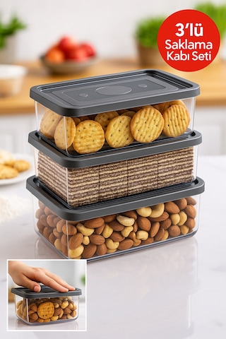 3 Lü Dikdörtgen Trio Saklama Kabı Seti 0.70l 1.0l 1.5l Gri Kapak Diğer