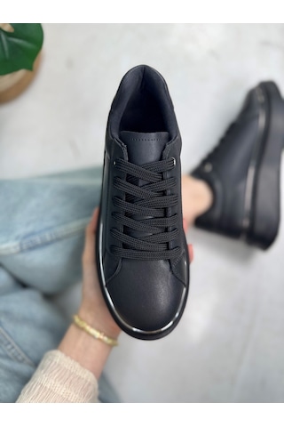 Günlük Kadın Spor Ayakkabı Bağcıklı Hafif Kalın Yüksek Taban Yürüyüş Sneaker 2135 Siyah