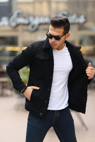 E-fendi Erkek Kürklü Denim Kot Mont Kışlık Sıcak Ve Şık Dış Giyim Siyah - Siyah