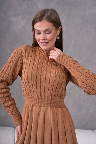 Flex Fashıon Saç Örgülü Trend Popüler Triko Mini Elbise Karamel - 662242424 Karamel - 662242424 Karamel