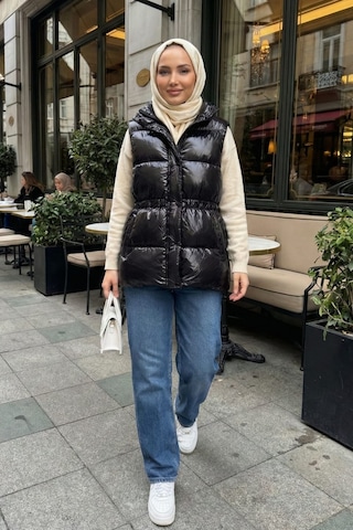Hb Harma Time Butik Kadın Fermuarlı Cepli Parlak Şişme Siyah Yelek