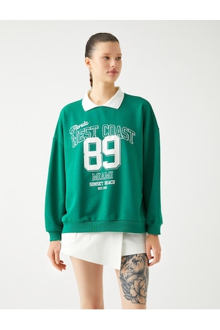 Koton Oversize Sweatshirt Polo Yaka Kolej Baskılı Uzun Kollu Yeşil 4wal10049ık Yeşil