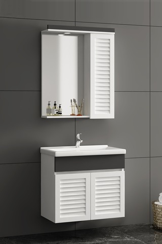 Çuha 55 Cm Beyaz-antrasit Gri Mdf Panjur Asma Banyo Dolabı Takımı Beyaz - Antrasit