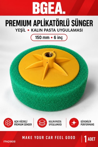 Bgea Premium Aplikatörlü Yeşil Kalın Pasta Polisaj Süngeri 150 Mm 6 İnç 1 Adet