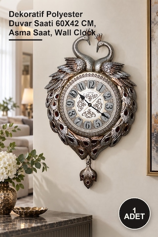 1 Adet Duvara Asmalı Tavuskuşu Saat Dekoratif Polyester Duvar Saati 60x42 Cm, Asma Saat, Wall Clock Diğer