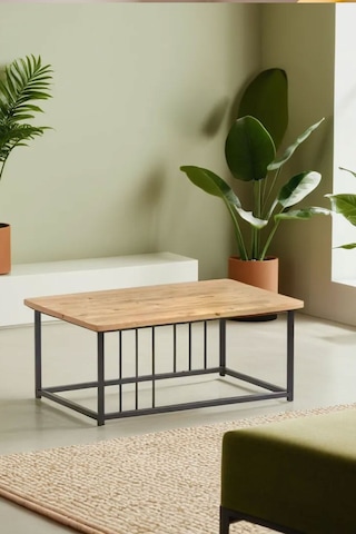 Ahşap Orta Sehpa 60x90 Modern Metal Ayak Siyah Tam Çerçeve Çam Desen Salon Ofis Balkon Sehpası - Town