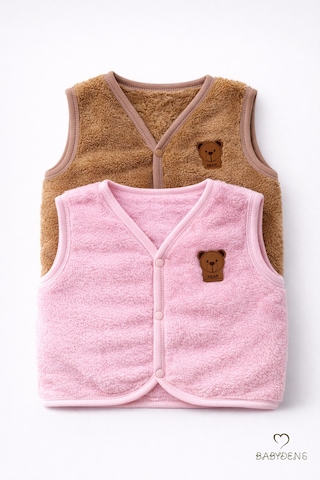 Babyden's 2 Li Welsoft Yelek Seti Kız Bebek Çocuk Ayıcık Armalı Peluş Yumuşak Kışlık Yelek Pembe - Kahverengi