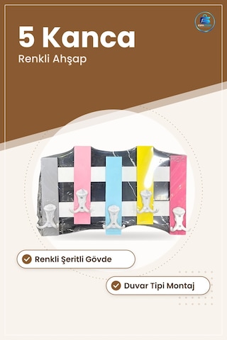 Askılık Renkli Ahşap Duvar Tipi 5 Kancalı Antre Hol Kıyafet Asma Çok Renkli