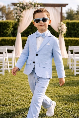 Baby Kids Colors Erkek Çocuk Flamlı Keten Salaş Ceketli Takım Elbise / Gömlek Pantolon Ceket Papyon Keten Takım Mavi