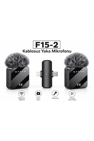 F15-2 Kablosuz Çift Yaka Mikrofonu Kablosuz Bağlantı Kıskaçlı Canlı Yayın Röportaj Vlog 20 Metre Menzil Net Ses Yğksek Hassasiyet Type-c Ve Lightning Uyumlu 48 Saat Pil Ömrü