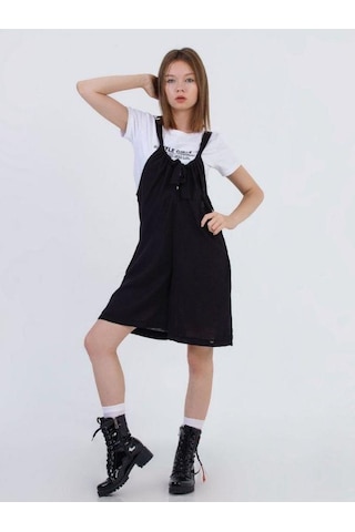 Zekids Kız Çocuk Askılı Kısa Tshirt İle Takım Keten Tulum-13784 Siyah
