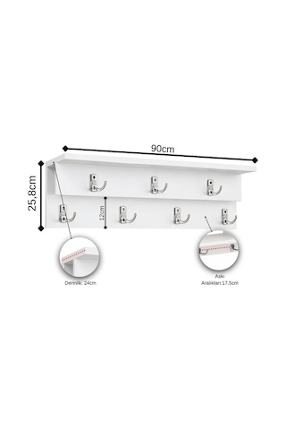 Aeka Ae-7003 Mimoza Beyaz Duvara Monte 7 Askılı Raflı Portmanto Antre Hol Vestiyer Askılık 90 24 25,8 Cm