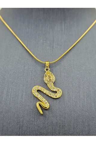 Yılan Model Gold Renk Zirkon Taşlı Çelik Kolye Altın