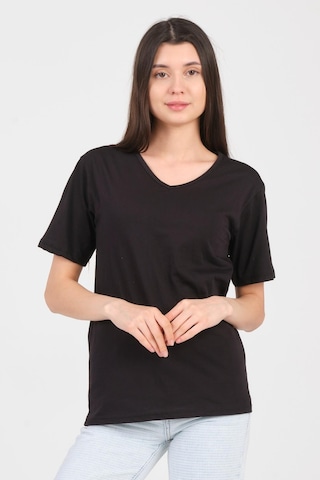 As Collection Siyah V Yaka Kısa Kol Örme Kadın T-shirt Siyah