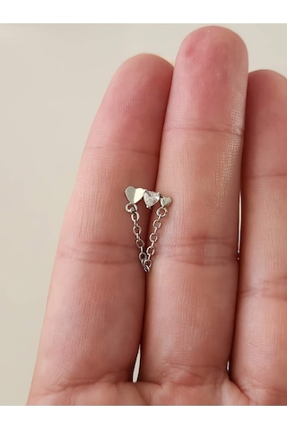 Eva Takı Store Kalp Zincir Sallantılı Model Kıkırdak Tragus Helix Piercing Gümüş Renk Küpe Gümüş