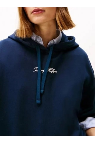 Tommy Hilfiger Klasik Yazı Baskılı Penye Kapüşonlu Kadın Kazak Ww0ww48270c1g Mavi