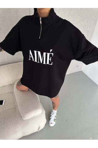 Dogutrend Unisex Yarım Fermuarlı Baskılı T-shirt - Siyah