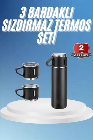 Termos Paslanmaz Çelik Termos Siyah Renk 3 Bardaklı Termos Seti Açık Lacivert