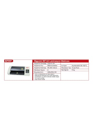 Bigpoint BP597 A4 Merdaneden Isıtmalı Laminasyon Makinesi