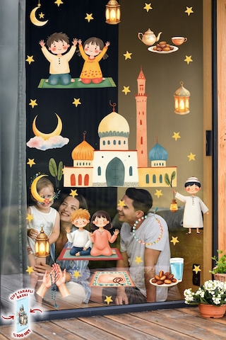 Çift Taraflı Ramazan Ayı Cam Sticker Seti Çocuklar İçin Eğitici Ramazan Pencere Süsü Ve 74 Parça Dijital Baskı