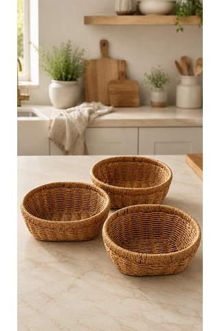 3'lü Oval Hasır Sunumluk Sepet Badya Leğen Tabak Kase - Masaüstü Organizer Rattan Sunum Meyvelik - Ekstra Kaliteli Çelik Rattan