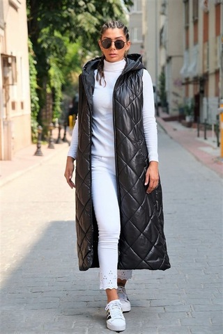 Veraura Lifestyle Siyah Kapüşonlu Cepli Baklava Desen Uzun Şişme Yelek