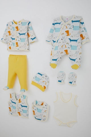 Breeze Erkek Bebek Hastane Çıkışı 8 Li Sevimli Köpekçikler Desenli 0-3 Ay, Ekru Ekru