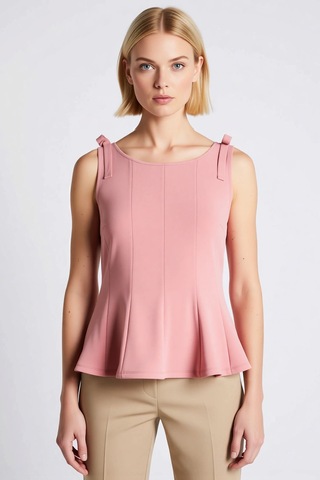 Benerly Kadın Bluz Bisiklet Yaka Kolsuz Örme Peplum Kesim Omuz Fiyonk Det Pembe