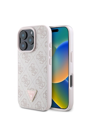 Apple Uyumlu iPhone 16 Pro Max Kılıf Guess Lisanslı Pu Deri Taşlı Üçgen Logo 4g Desenli Strass Kapak Pembe