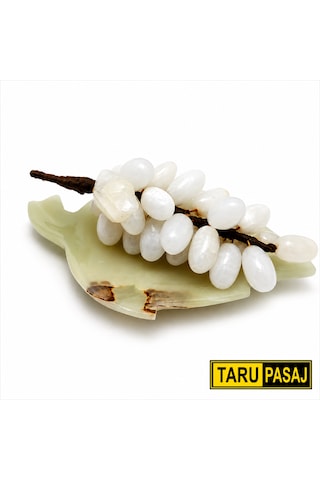 Doğal Oniks Taş Yaprak Tabak & 30 Taneli Üzüm Salkımı Feng Shui Dekor Objesi Beyaz