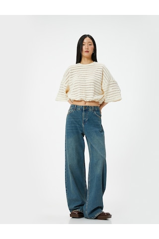 Koton Ajurlu Kroşe Sweatshirt Yarım Kollu Bisiklet Yaka Beli Lastikli Kırık Beyaz 4sak30008ek Ekru