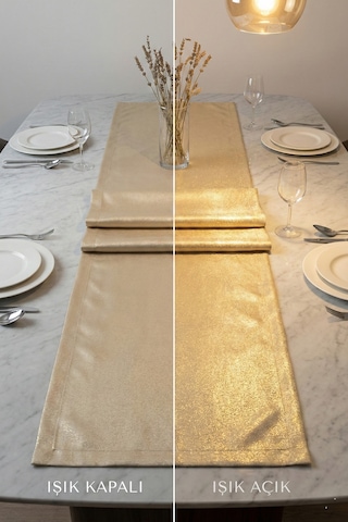 Lumen Serisi Simli Runner Gold / Silver , Premium Çeyizlik Lüks Şık Masa Örtüsü Runner 40x150 Cm Altın