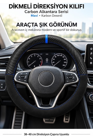 Trobus Peugeot Partner 2024 Ve Sonrası Uyumlu Dikmeli Direksiyon Kılıfı Carbon Alkantara Mavi