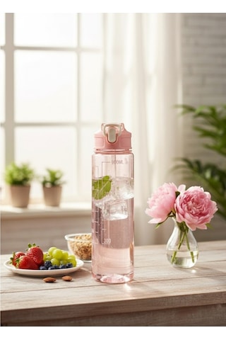 Pembe, Şeffaf Pipetli Matara 900 Ml, Sızdırmaz Kapaklı Suluk Pembe Plastik Diğer
