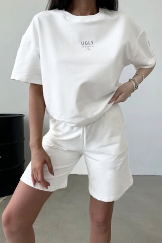 Ugly Baskılı Beyaz Şort T-shirt Takım Oversize Bisiklet Yaka Tişört Takım Unisex Beyaz