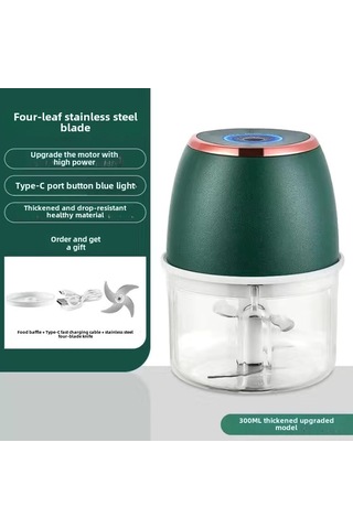 Monyee Ev Ofisi Çift Fonksiyonlu 300ml Yeşil Pp Kase 4 Blatlı Bıçaklı Elektrikli Sarımsak Dilimleyici Et- Sebze Çırpıcı Diğer