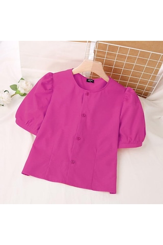 Gül Vonda Kadın Yaz Yuvarlak Yaka Puf Kısa Kollu Düğmeli Düz Renk Bol Bluz Gül