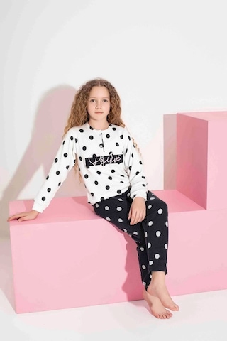 Miniğimin Cicileri Termal Kumaş Puantiye Desenli Kız Çocuk Pijama Takımı - Siyahbeyaz Siyah - Beyaz