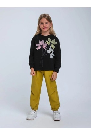 Kız Çocuk Çiçek İşlemeli Tasarım Sweatshirt-14341 Siyah