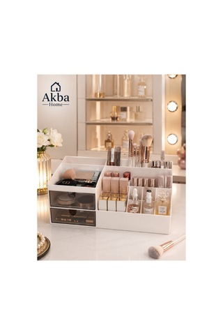 2 Çekmeceli Çok Bölmeli Masaüstü Organizer Makyaj Takı Kozmetik Kalem Düzenleyici 24,5x12x9 Cm Bej