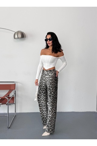 Kadın Kahve-beyaz Leopar Desenli Wide-leg Yüksek Bel Kot Pantolon Denim Kumaş Kahverengi