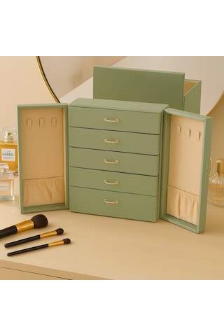 Dışı Deri İçi Kadife 5 Çekmeceli Takı Bijuteri Mücevher Kutusu Organizer Düzenleyici Yeşil İthal Ürü