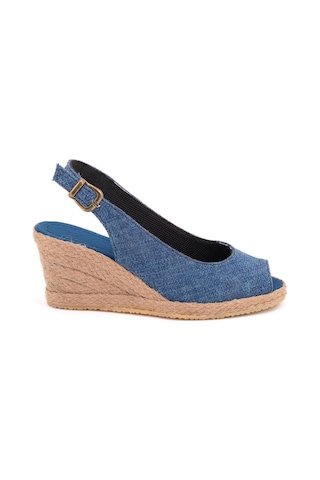 Gerçek Elişi Burnu Açık Arkası Bantlı Dolgu Topuk Mavi Keten Hasır Espadril Handmade Saks Mavi